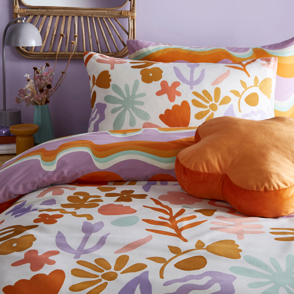 Amelie Printed Abstract Floral Duvet Cover Set Orange/Lilac