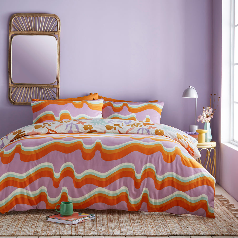 Amelie Printed Abstract Floral Duvet Cover Set Orange/Lilac